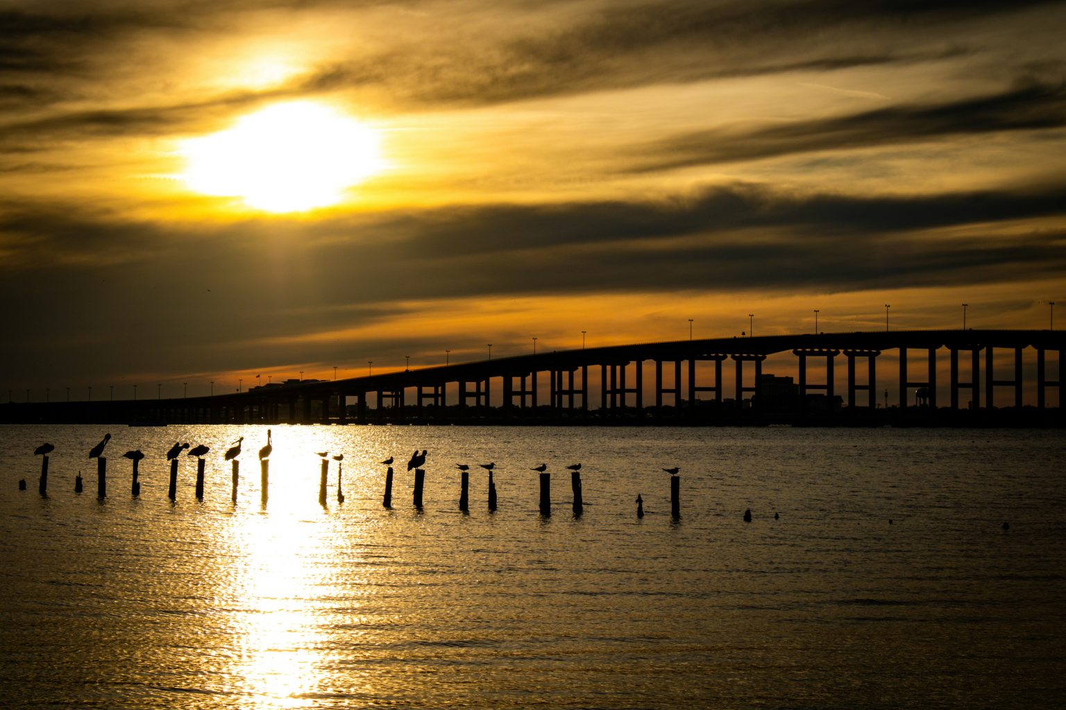 Tupelo bridge at sunset over the Mississippi Sound